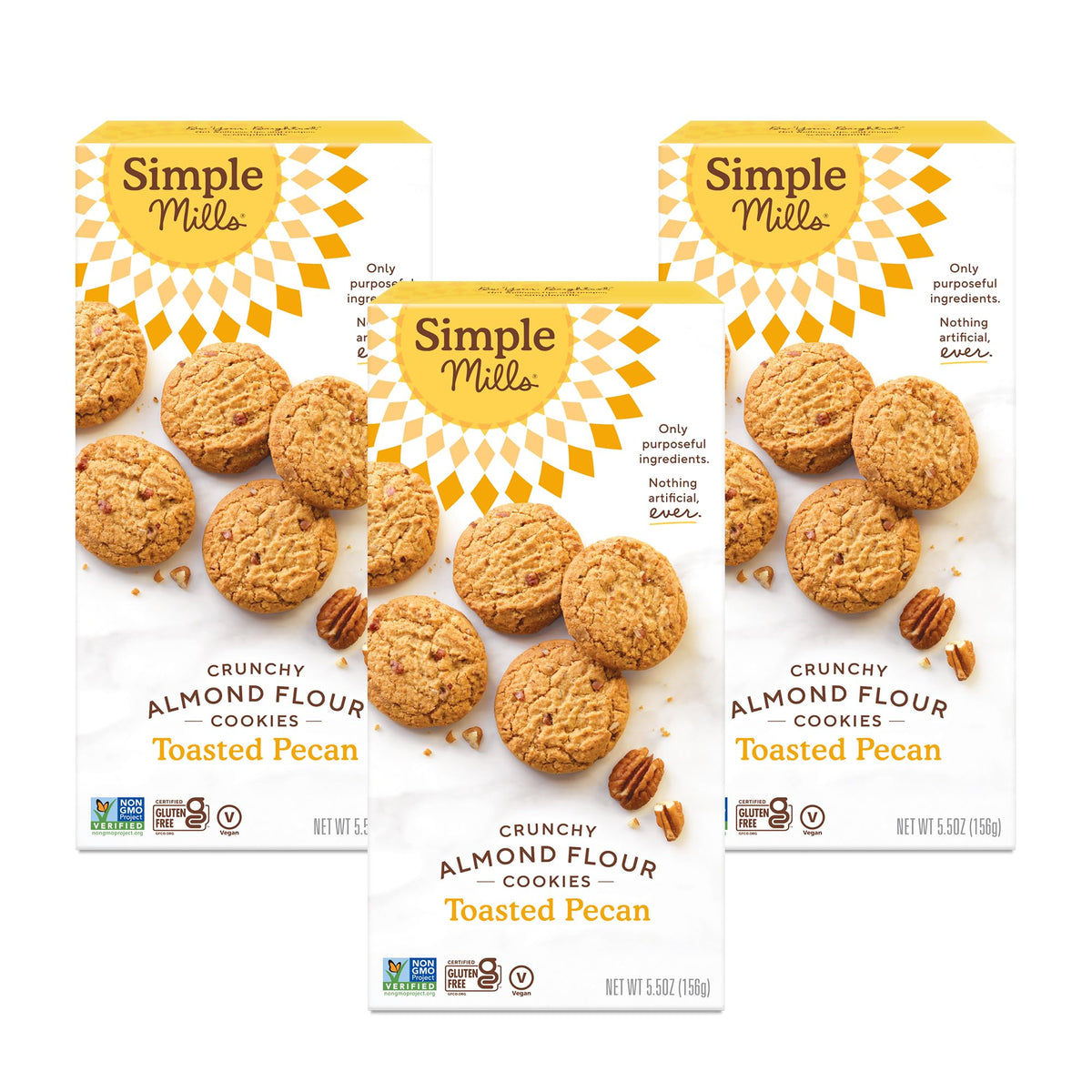 Simple Mills box front showing Toasted Pecan cookies and clean-ingredient branding benefit