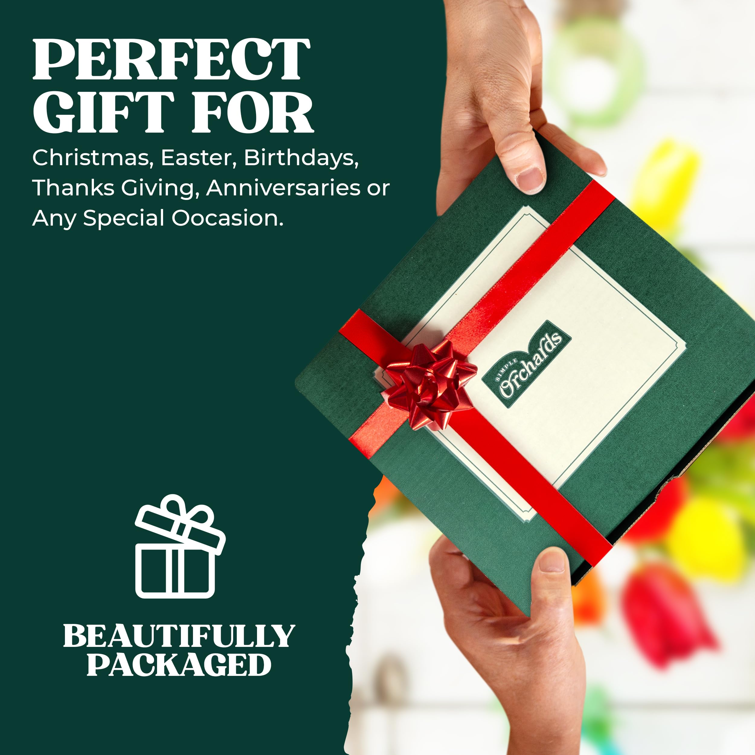 Simple Orchards gift box label and ribbon emphasizing premium presentation and gifting convenience