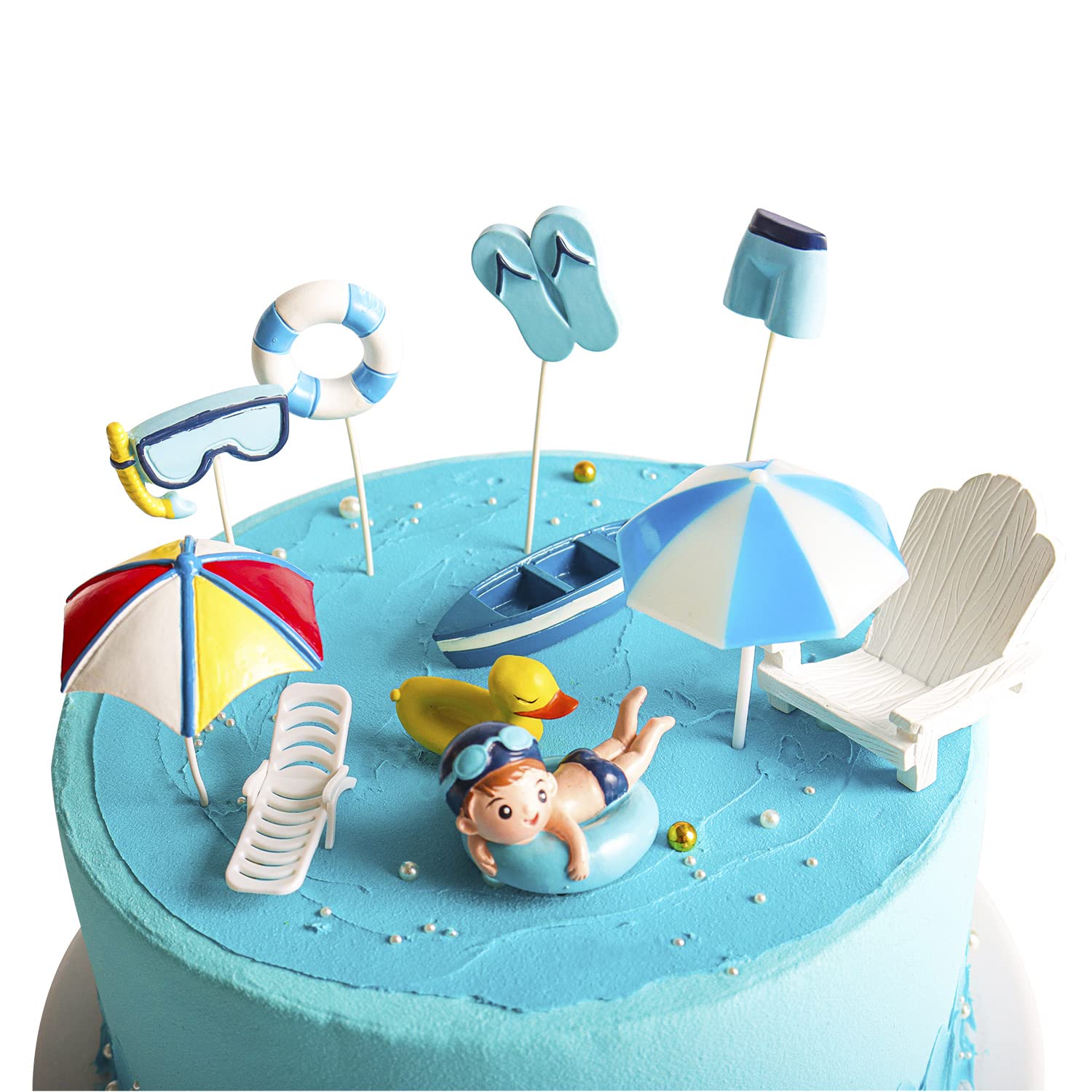 Simple polymer front view of 11-piece beach cake topper set showing colorful pieces