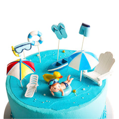 Simple polymer front view of 11-piece beach cake topper set showing colorful pieces