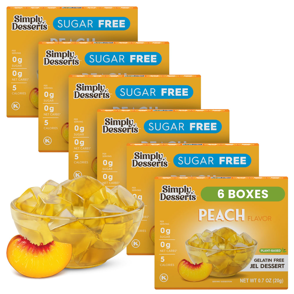 Simply Delish front packaging showing peach jel pack and benefits