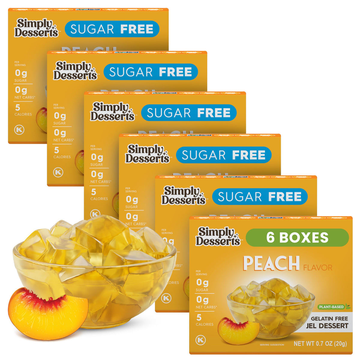 Simply Delish front packaging showing peach jel pack and benefits