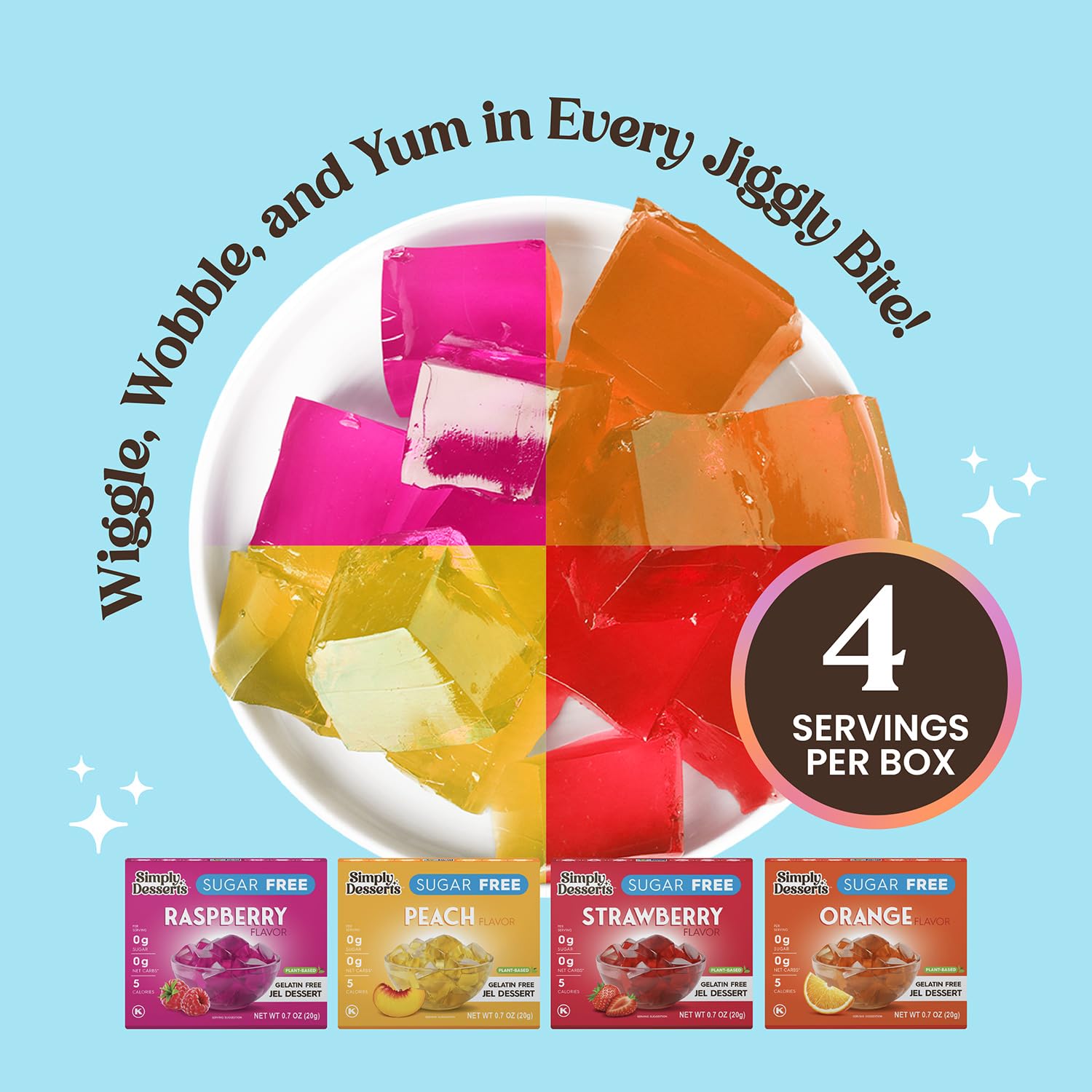 Simply Delish orange Jel in glass showcasing vibrant color and low calories