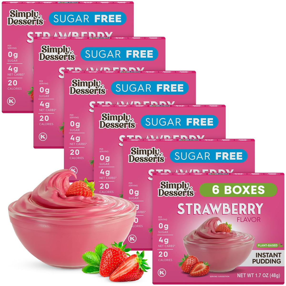 Simply Delish front packaging showing six strawberry pudding packets and benefit convenience
