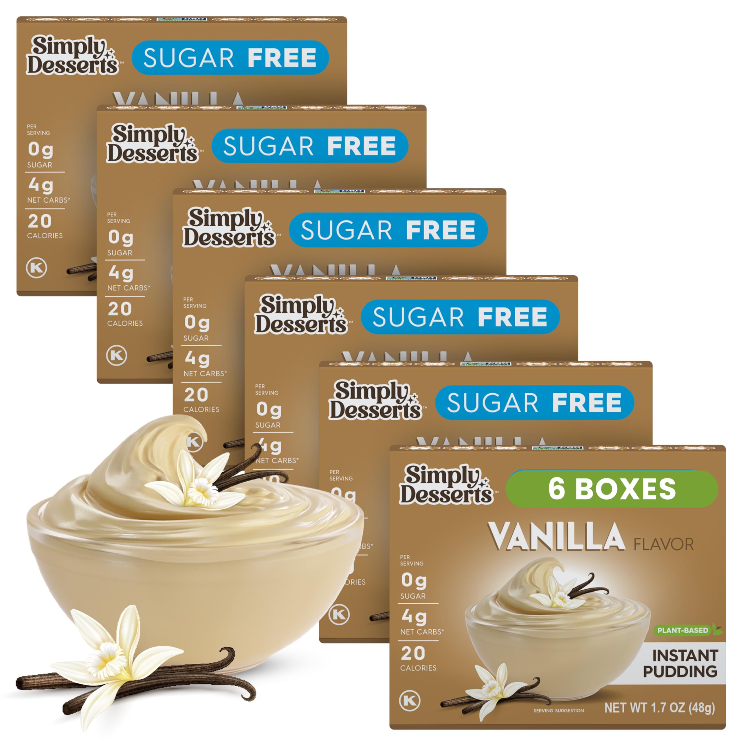 Simply Delish front packaging showing six vanilla pudding packets and benefits