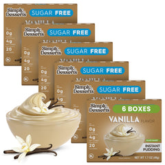 Simply Delish front packaging showing six vanilla pudding packets and benefits