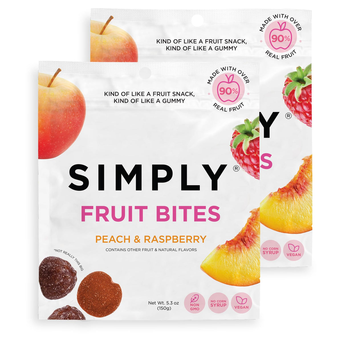 SIMPLY Fruit Bites front pouch showing peach and raspberry flavors, clear ingredient benefit