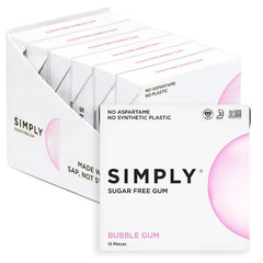 SIMPLY Gum six-pack front showing bubblegum packs and natural branding benefit freshness