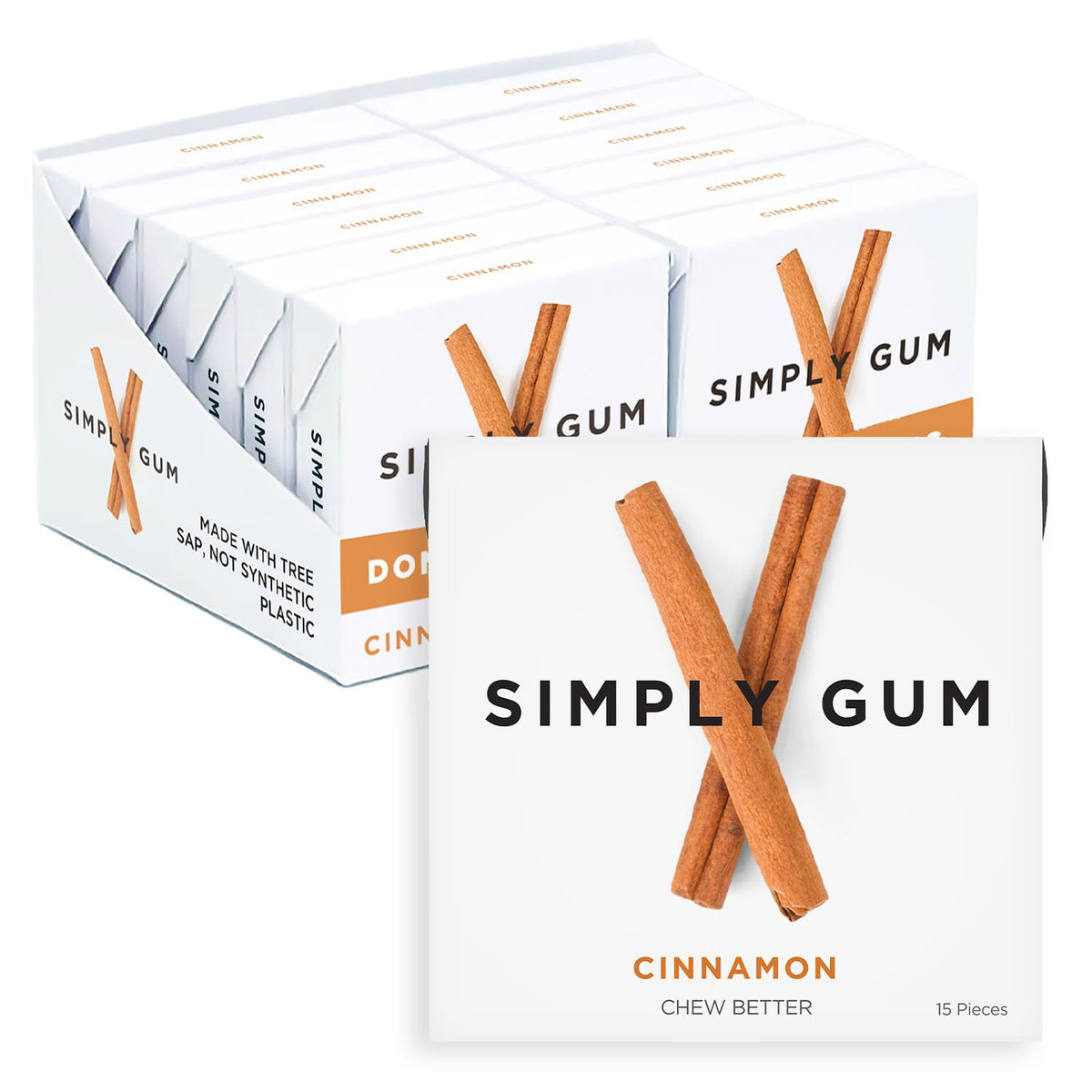 SIMPLY Gum front packaging showing cinnamon flavor and plastic-free claim