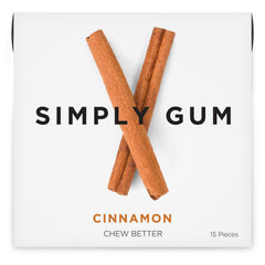 SIMPLY Gum open packet with fifteen cinnamon pieces ready to carry