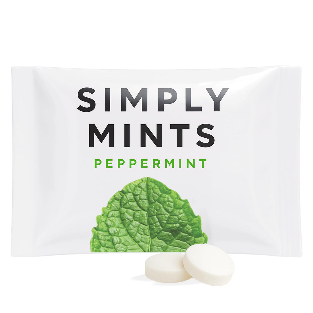 Simply Gum front box showing branding and 50-packet bulk packaging for easy distribution