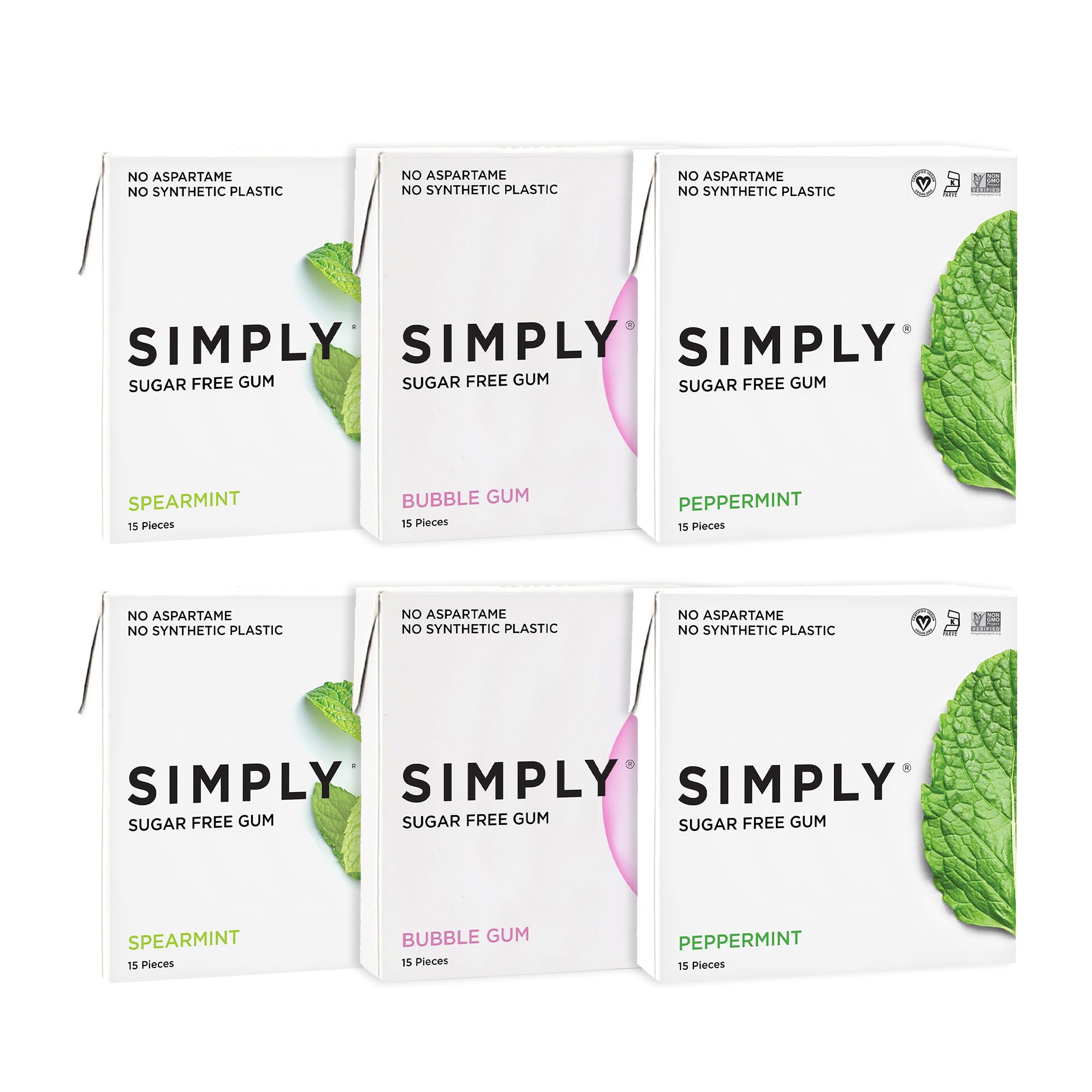 Simply Gum front packaging showing flavors and plastic-free message for clarity