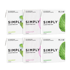Simply Gum front packaging showing flavors and plastic-free message for clarity
