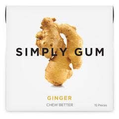 Simply Gum ginger front packaging showing natural ingredients and benefits