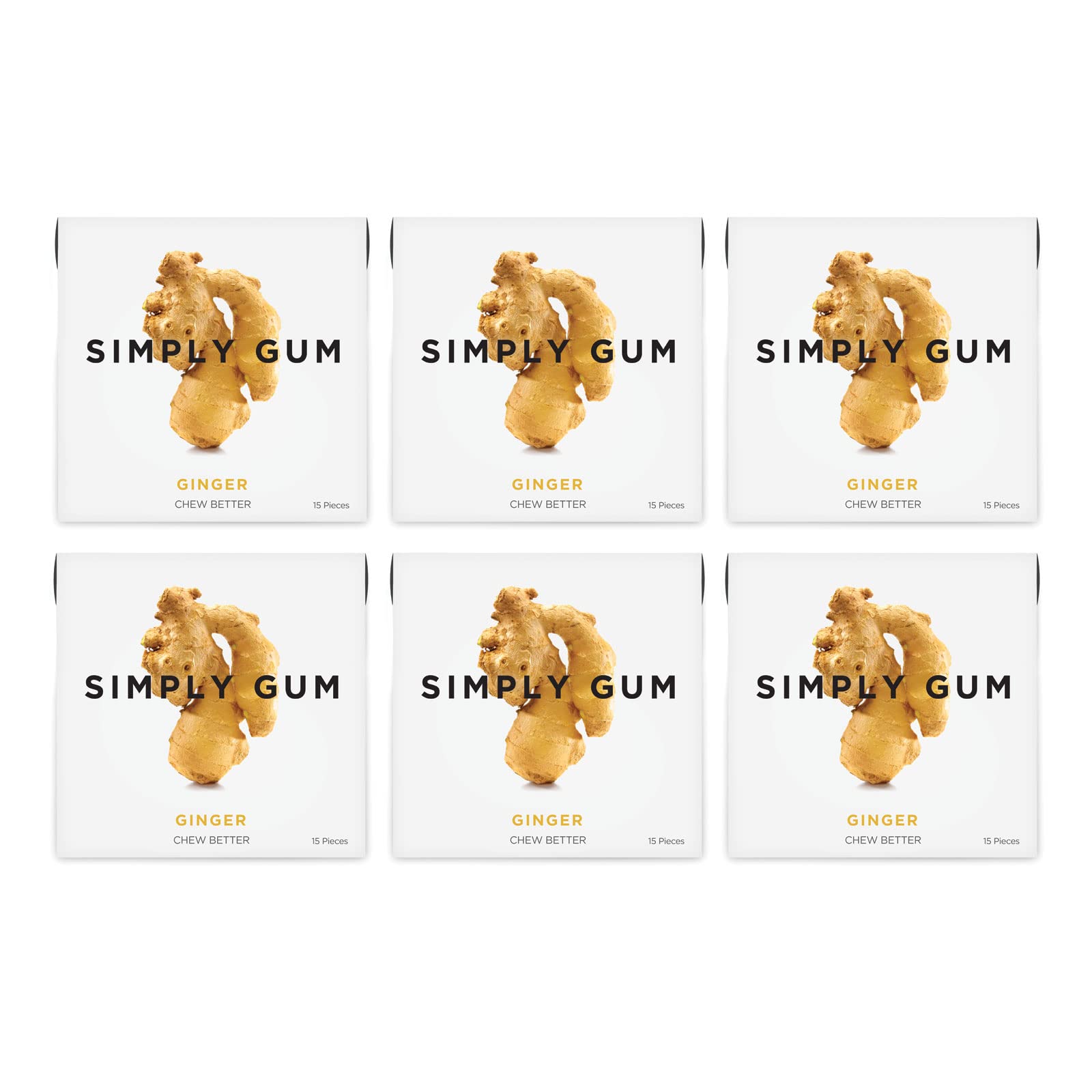 Simply Gum ginger six-pack lined up indicating bulk supply and sharing value