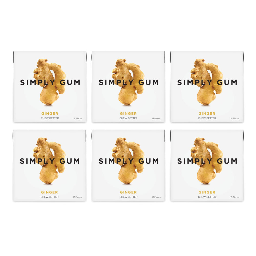 Simply Gum ginger six-pack lined up indicating bulk supply and sharing value