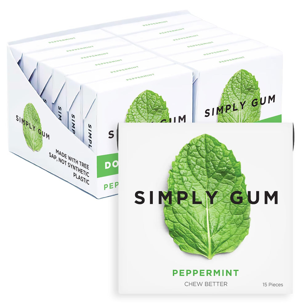 Simply Gum front packaging showing peppermint 12-pack and easy grab convenience