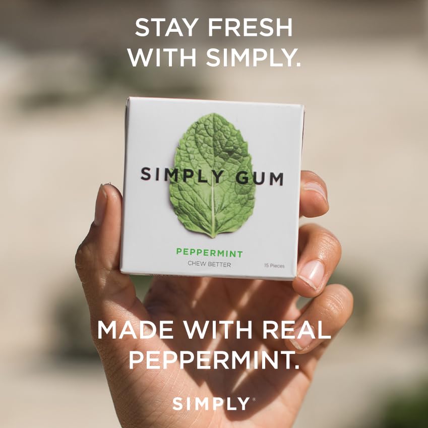 Ingredients label on Simply Gum peppermint pack showing simple, plant-based list