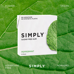 Simply Gum piece beside a coin showing size and pocket-friendly benefit