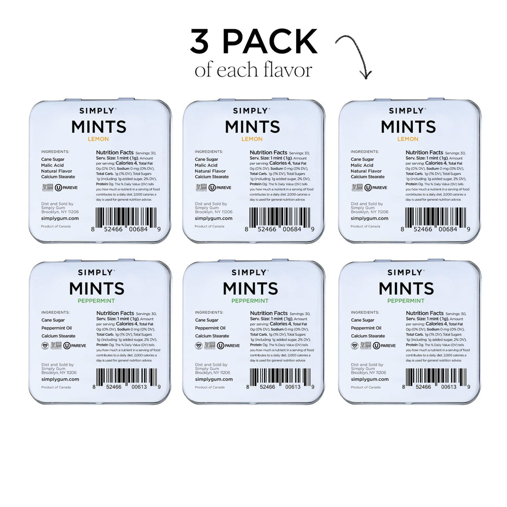 Simply Gum open tin with lemon mints visible, showing texture and portable freshness