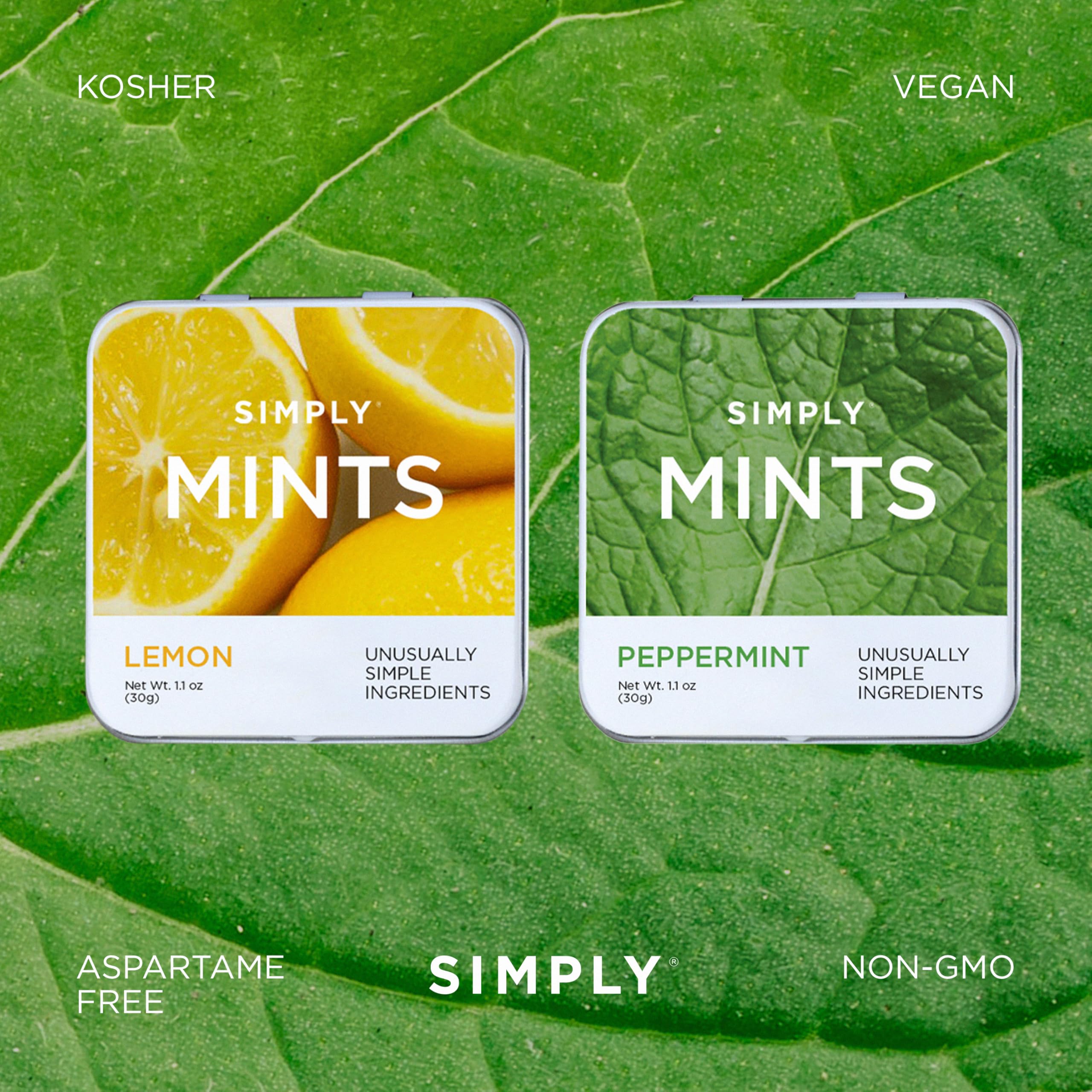 Simply Gum open tin displaying peppermint mints and real peppermint oil freshness