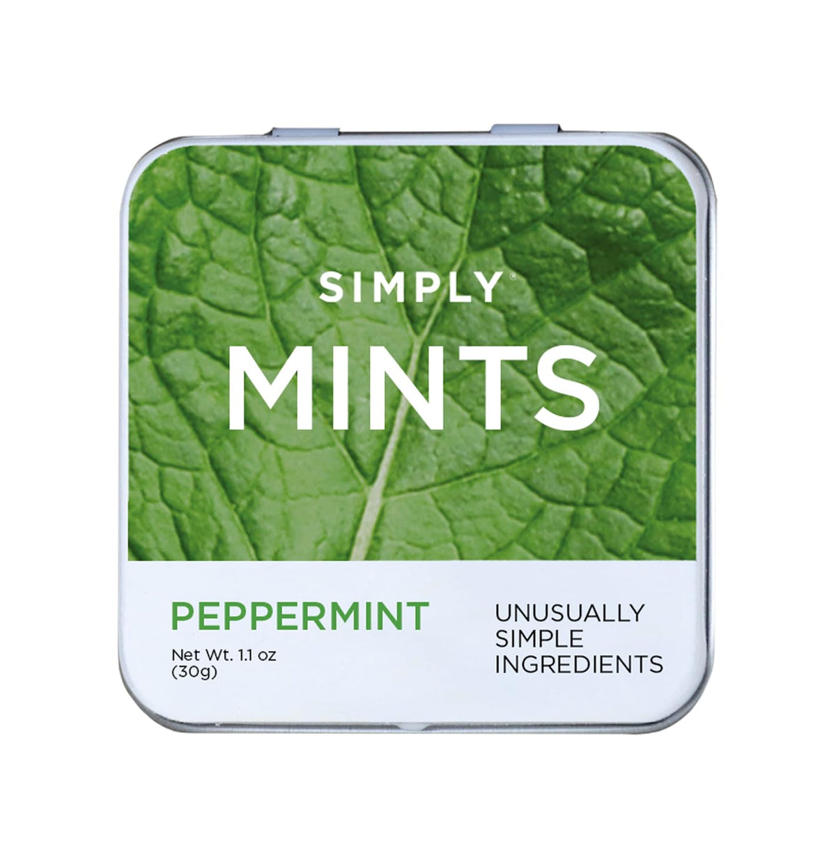 Simply Mints front tin showing peppermint label and portable benefit