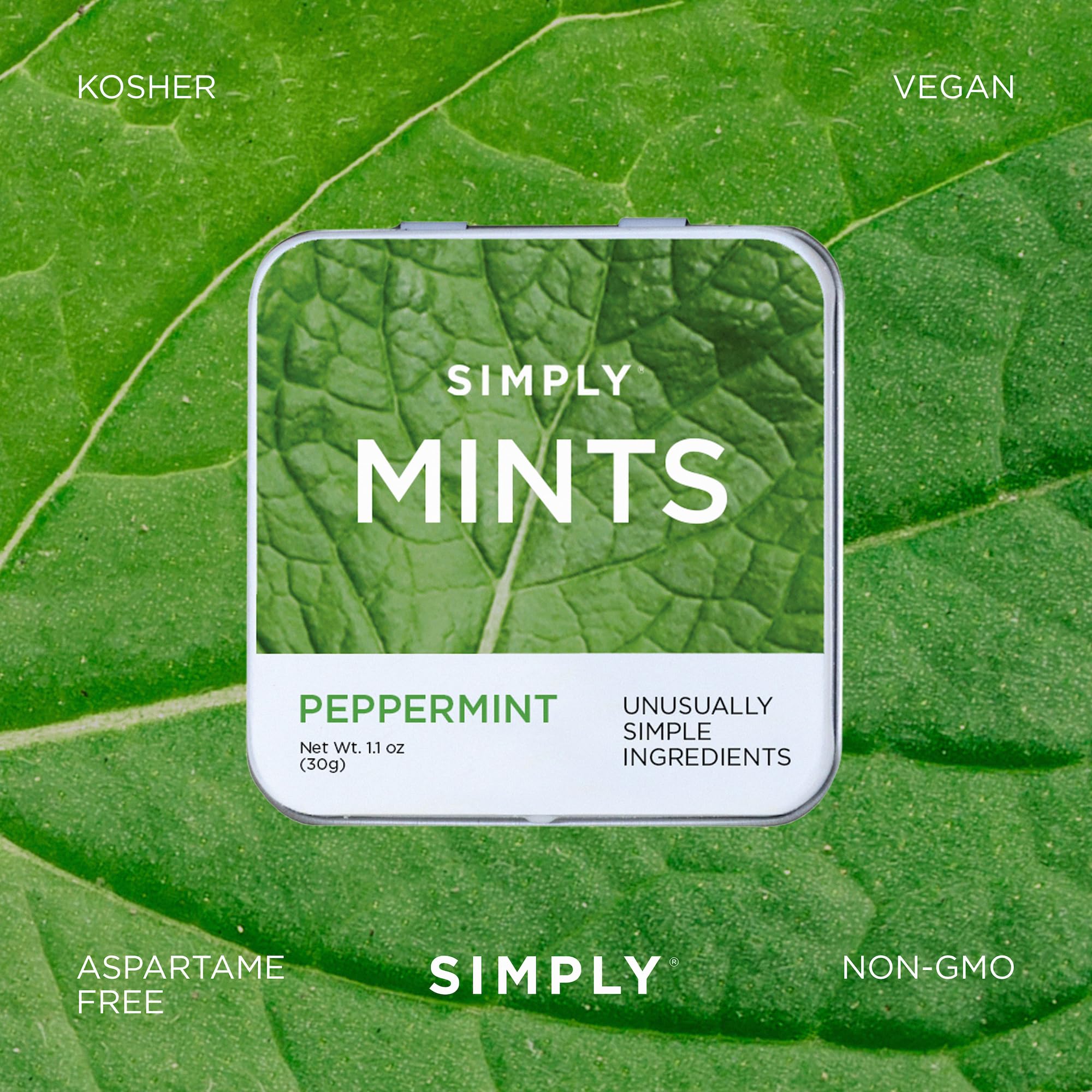 Simply Mints six tins displayed highlighting bulk value and convenience