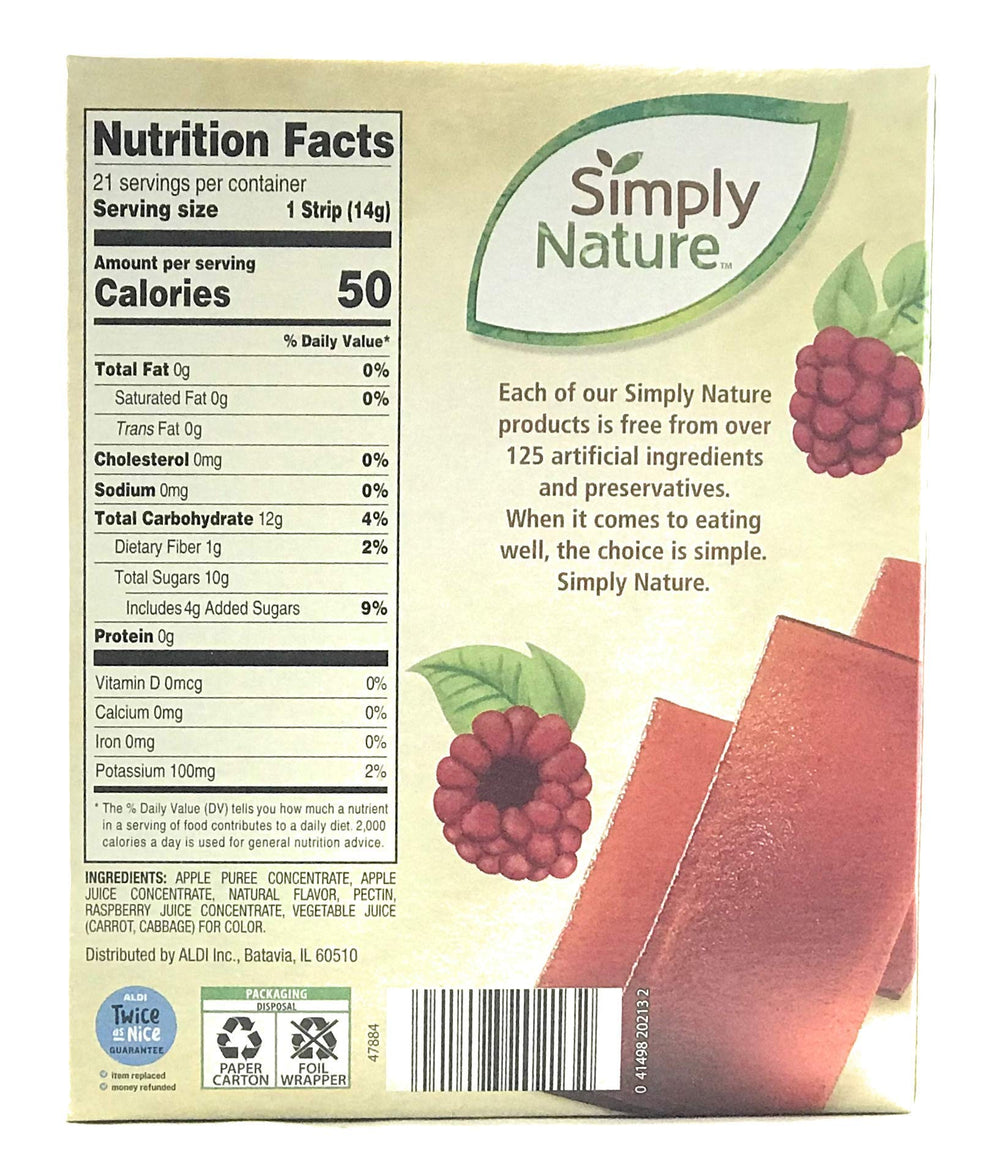 Simply Nature raspberry texture close-up displaying chewy fruit-leather texture and vivid color