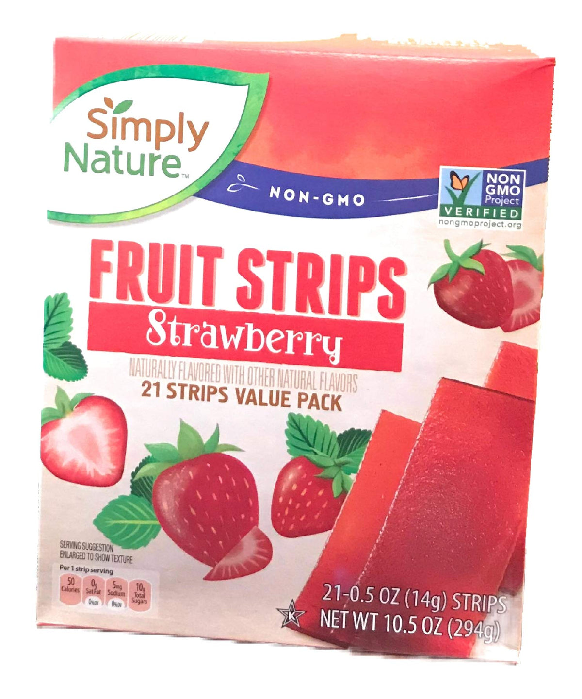 Simply Nature front packaging showing strawberry fruit strips and product name benefits