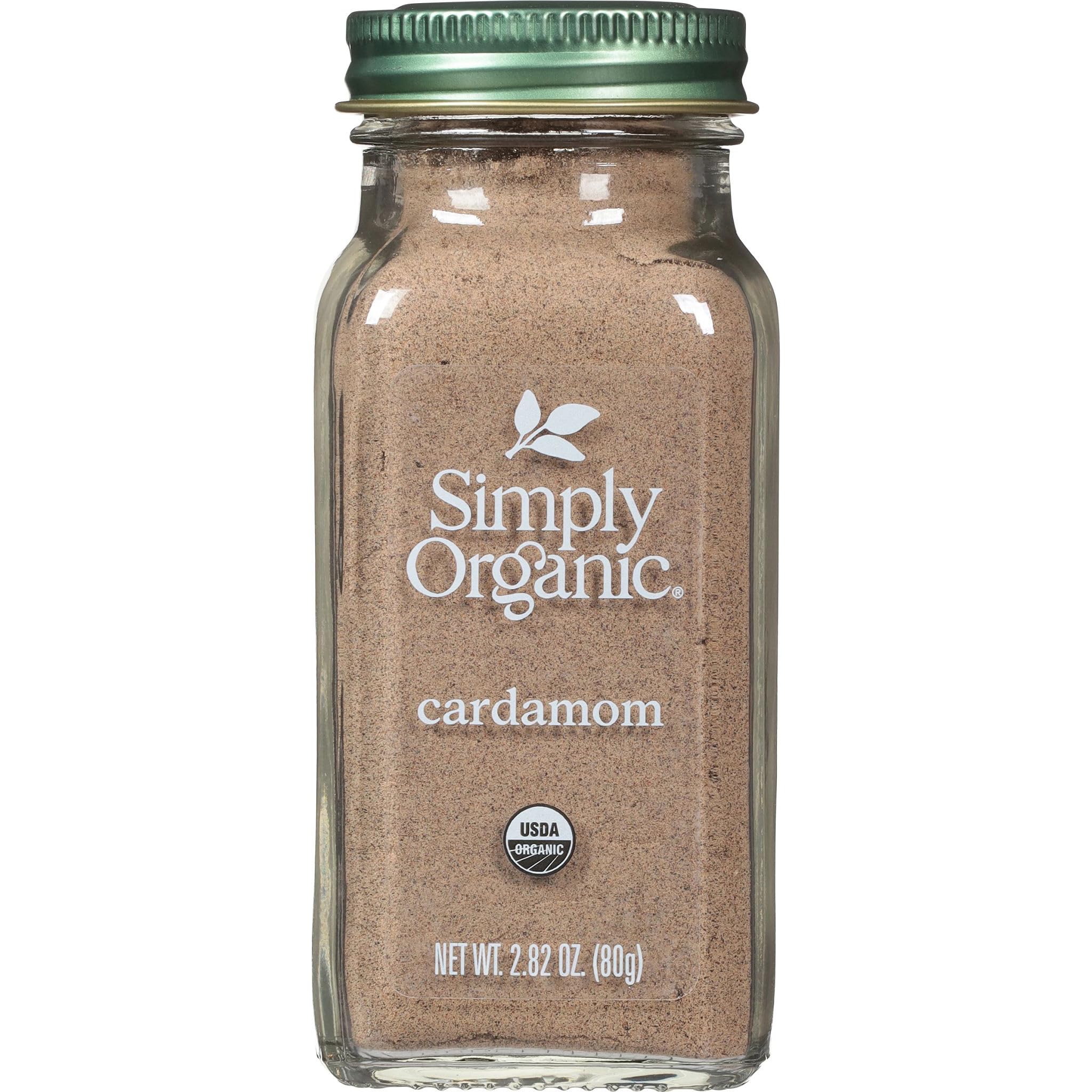 Simply Organic front bottle view showing cardamom glass jar and clear label, highlighting freshness
