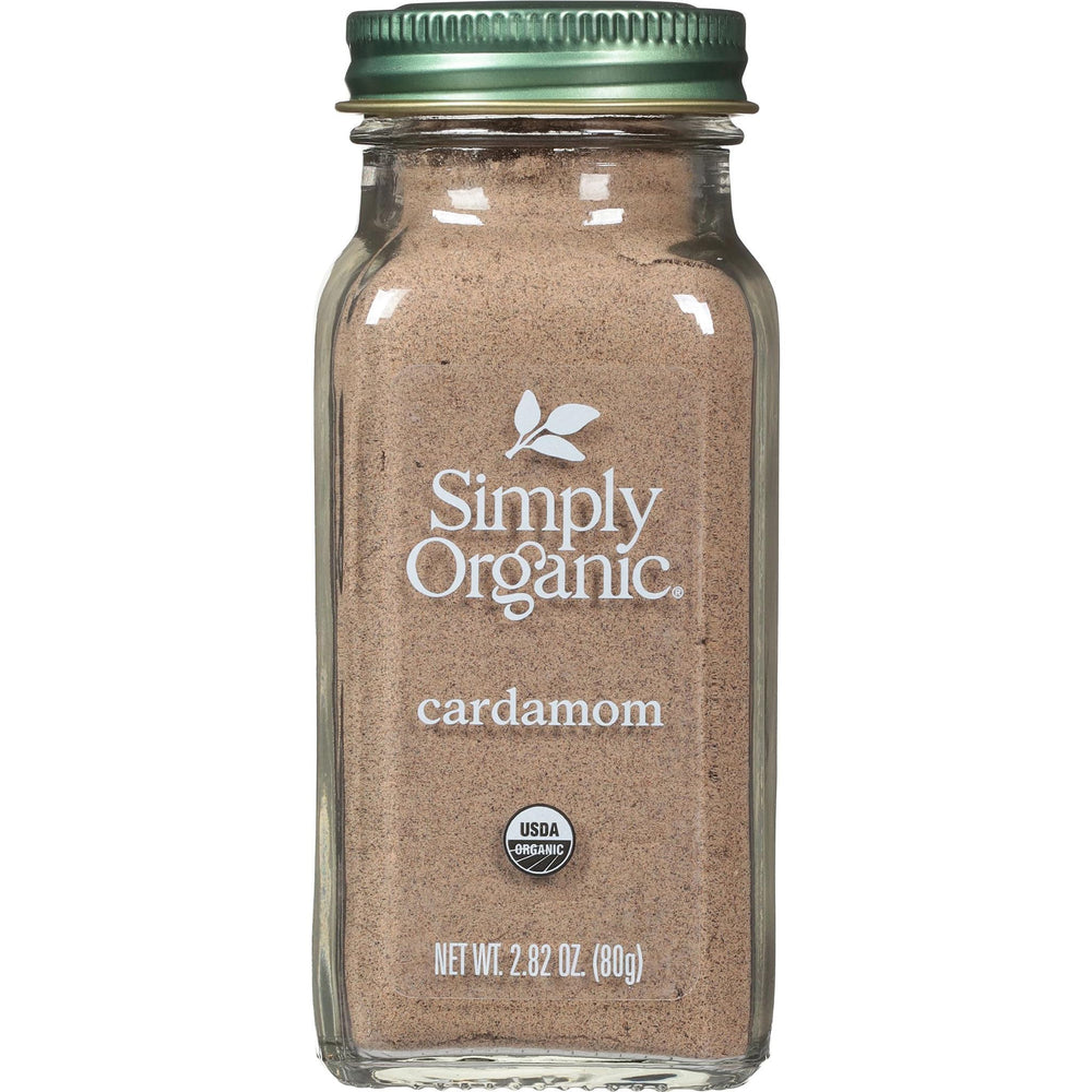 Simply Organic front bottle view showing cardamom glass jar and clear label, highlighting freshness