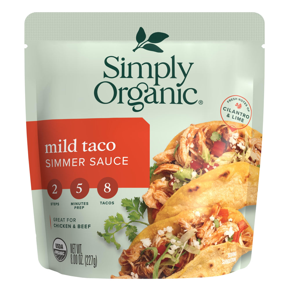 Simply Organic front pouch showing label and organic seal, helps quick taco meals