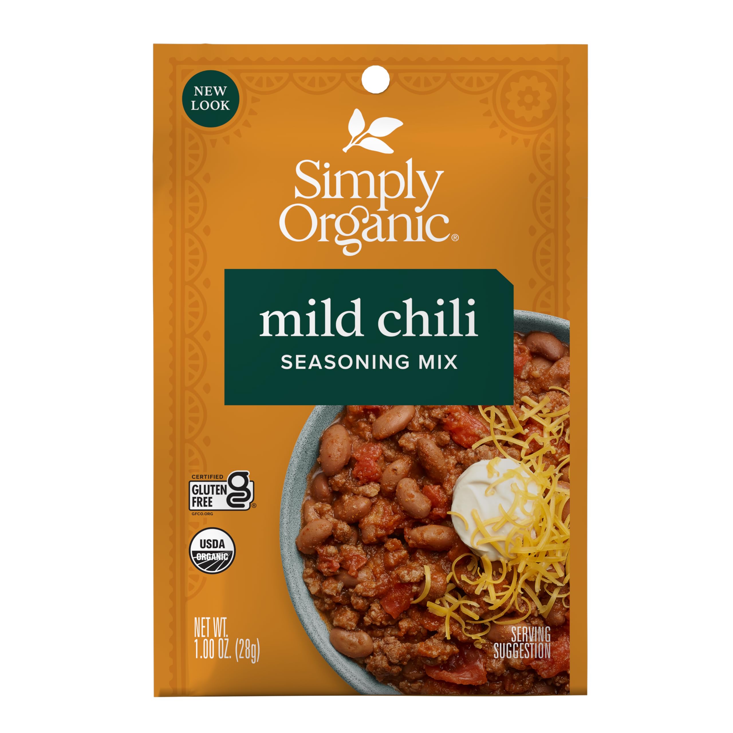 Simply Organic front packaging showing 12-count mild chili mix, clear pantry benefit