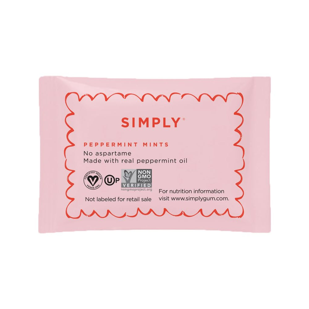 Simply brand open pouch revealing two mints for quick freshening