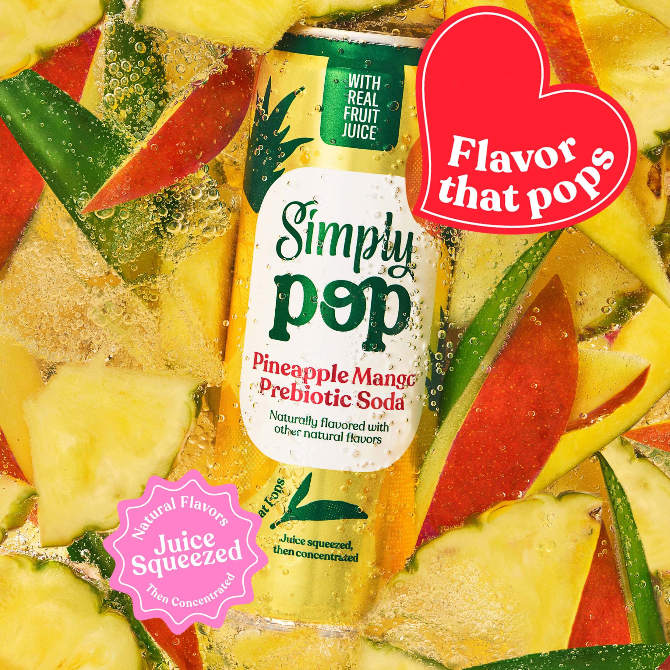 Simply pop with pineapple and mango fruit ingredients flatlay conveying real-juice benefit