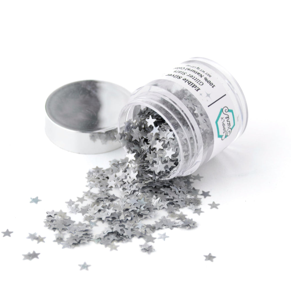 Simply Sucré front packaging showing silver edible glitter stars and elegant jar – adds instant charm