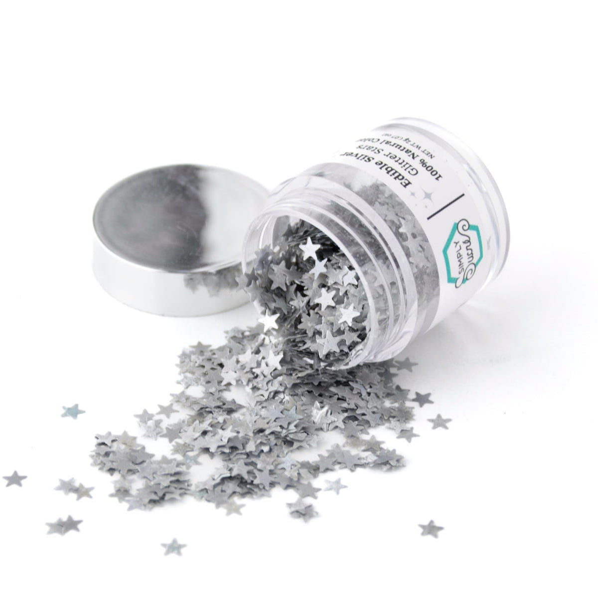 Simply Sucré front packaging showing silver edible glitter stars and elegant jar – adds instant charm