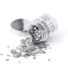 Simply Sucré front packaging showing silver edible glitter stars and elegant jar – adds instant charm