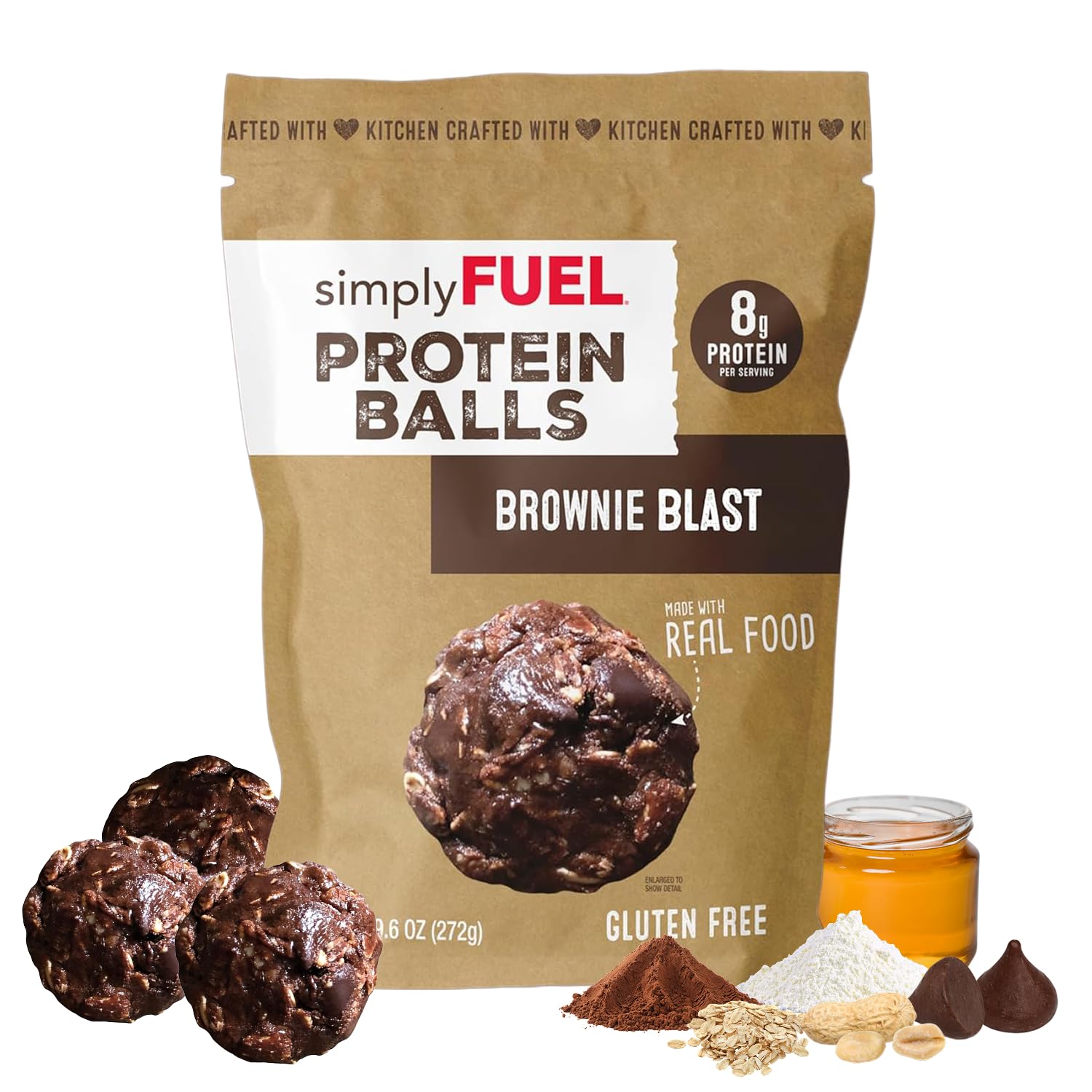 simplyFUEL front pouch showing Brownie Blast label and easy grab convenience