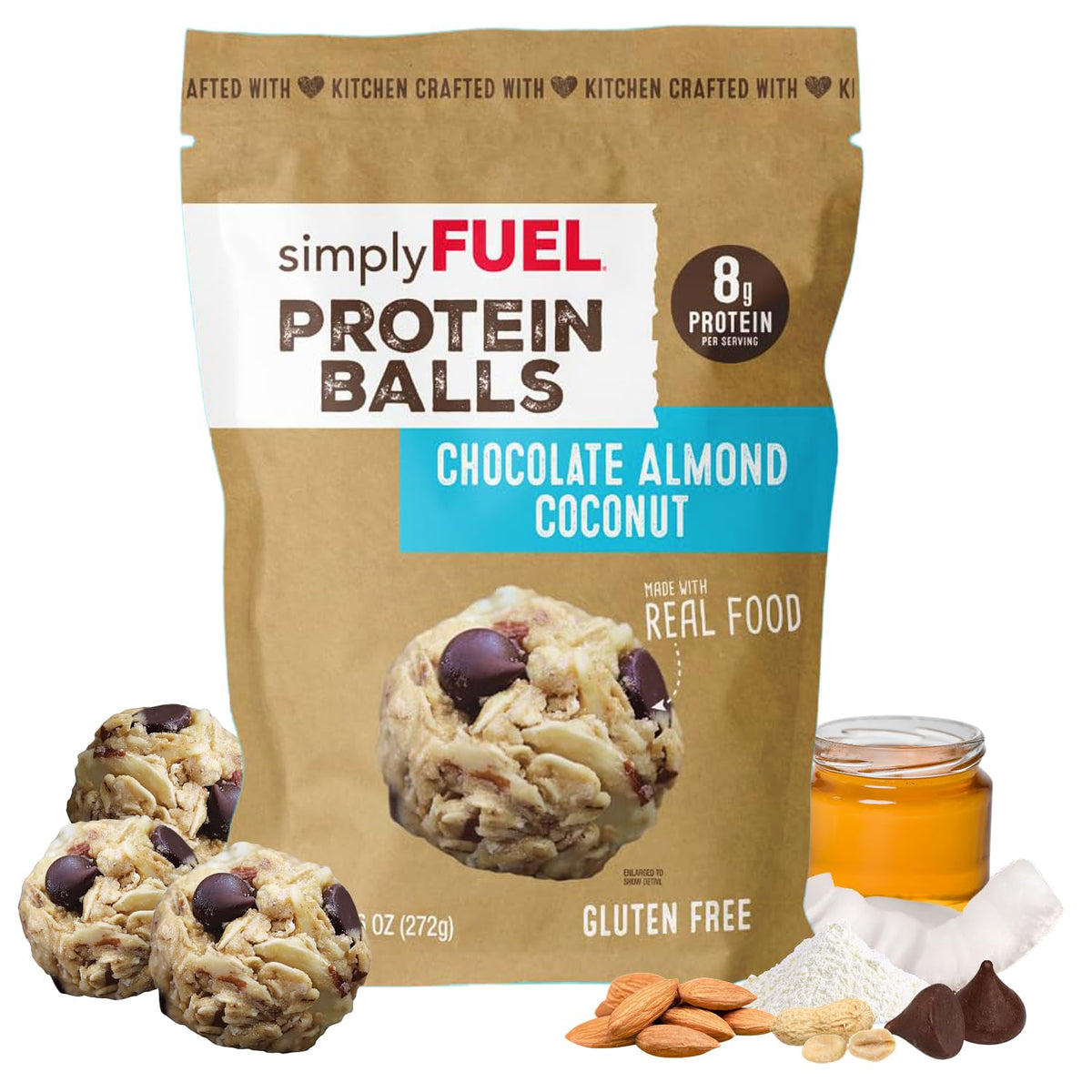 simplyFUEL front pouch showing chocolate almond coconut label and resealable bag benefit