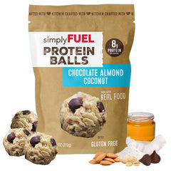 simplyFUEL front pouch showing chocolate almond coconut label and resealable bag benefit