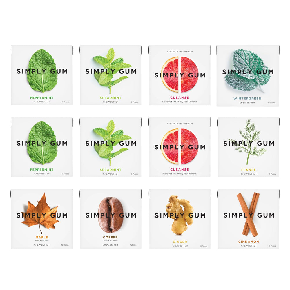 Simply Gum front packaging showing variety pack and natural ingredients benefit