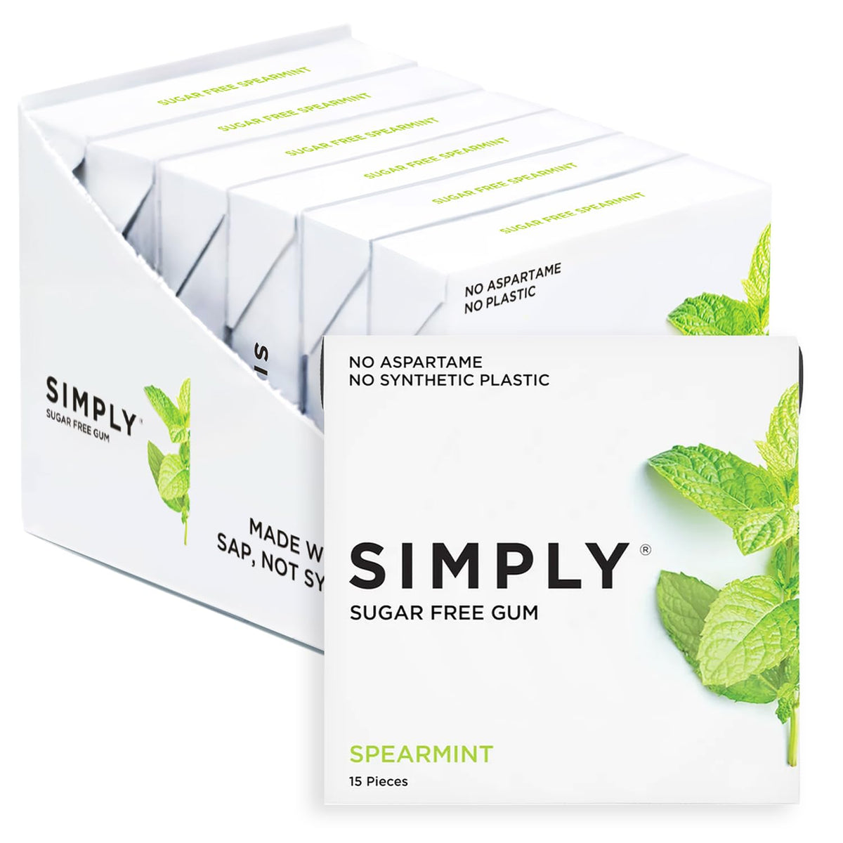 Simply Gum front packaging showing spearmint packs and clear ingredient labels