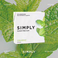 Simply Gum near fresh spearmint leaves illustrating natural plant-based flavor