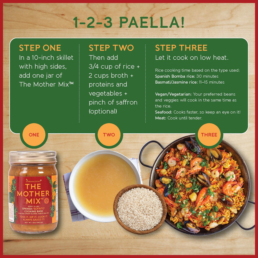 Paella pan cooked with The Mother Mix, demonstrates bold seasoning in seafood dish