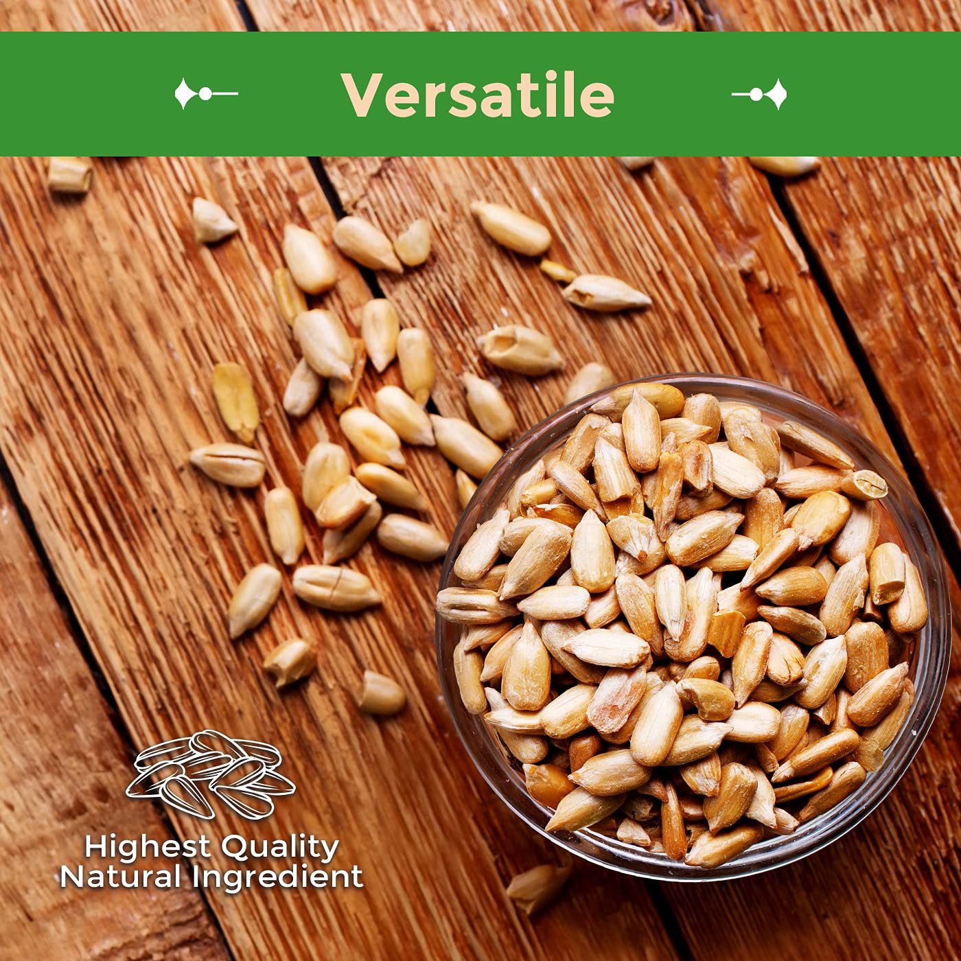 Small wooden bowl of Sincerely Nuts sunflower seeds ready for snacking and easy portioning