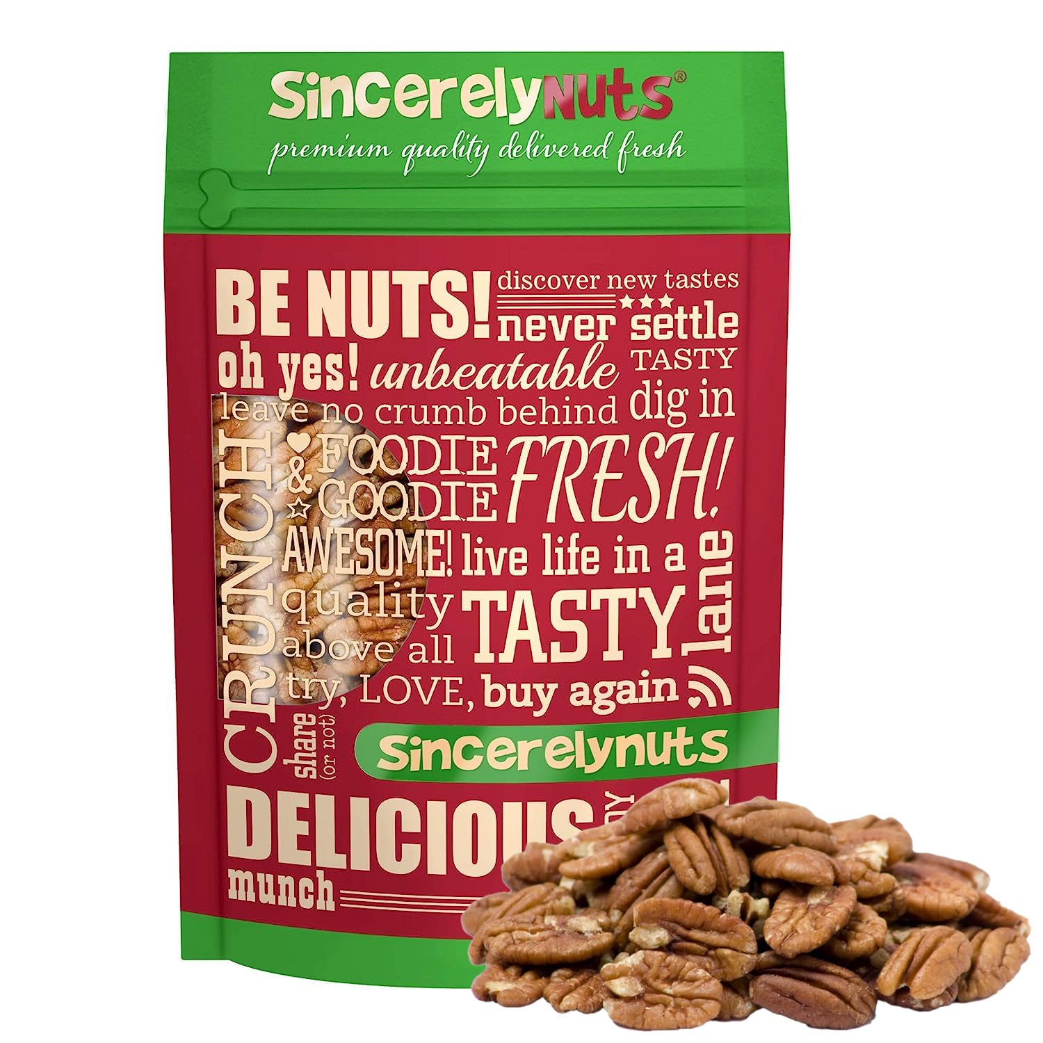 Sincerely Nuts front packaging showing 2 lb resealable bag and label benefits