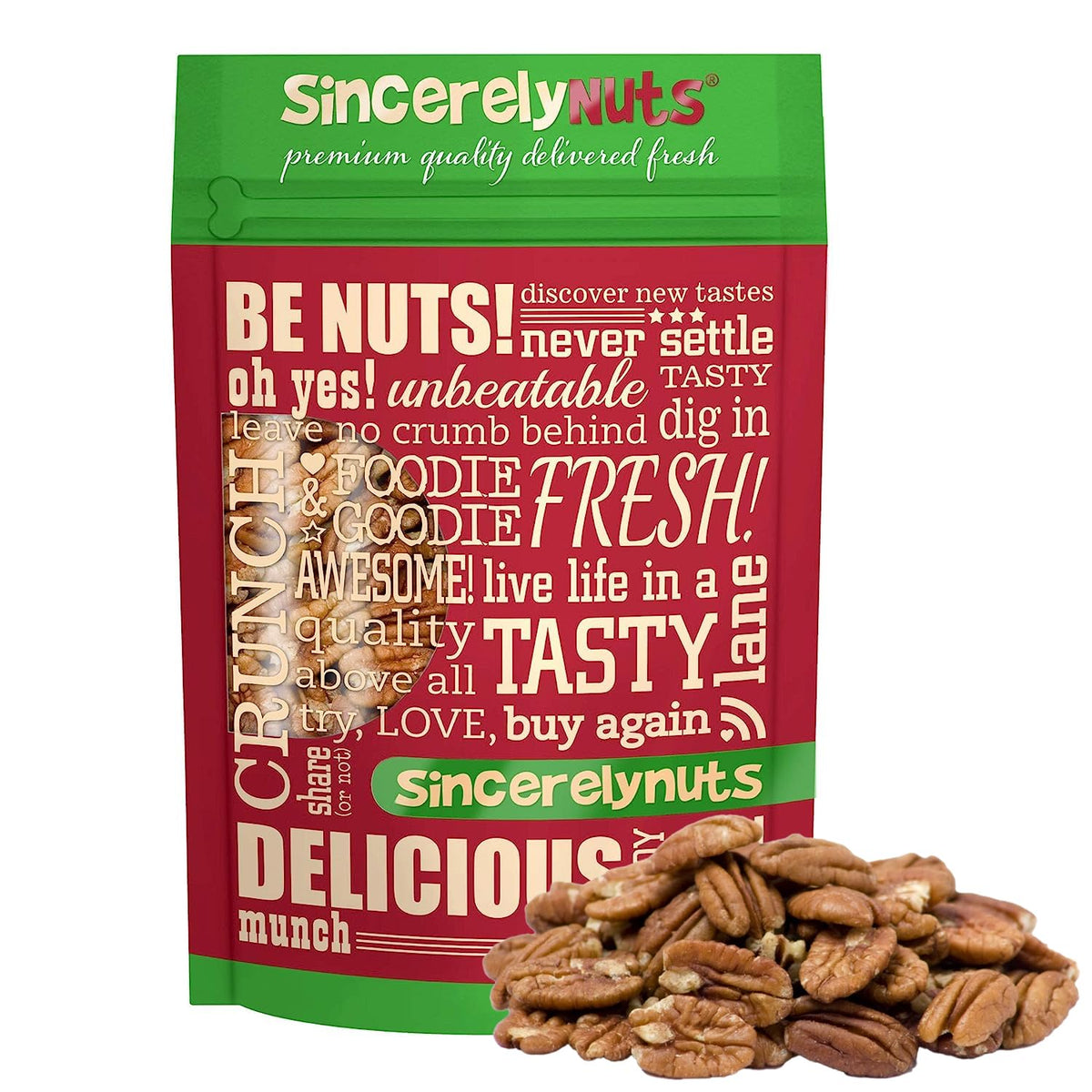 Sincerely Nuts front packaging showing 2 lb resealable bag and label benefits