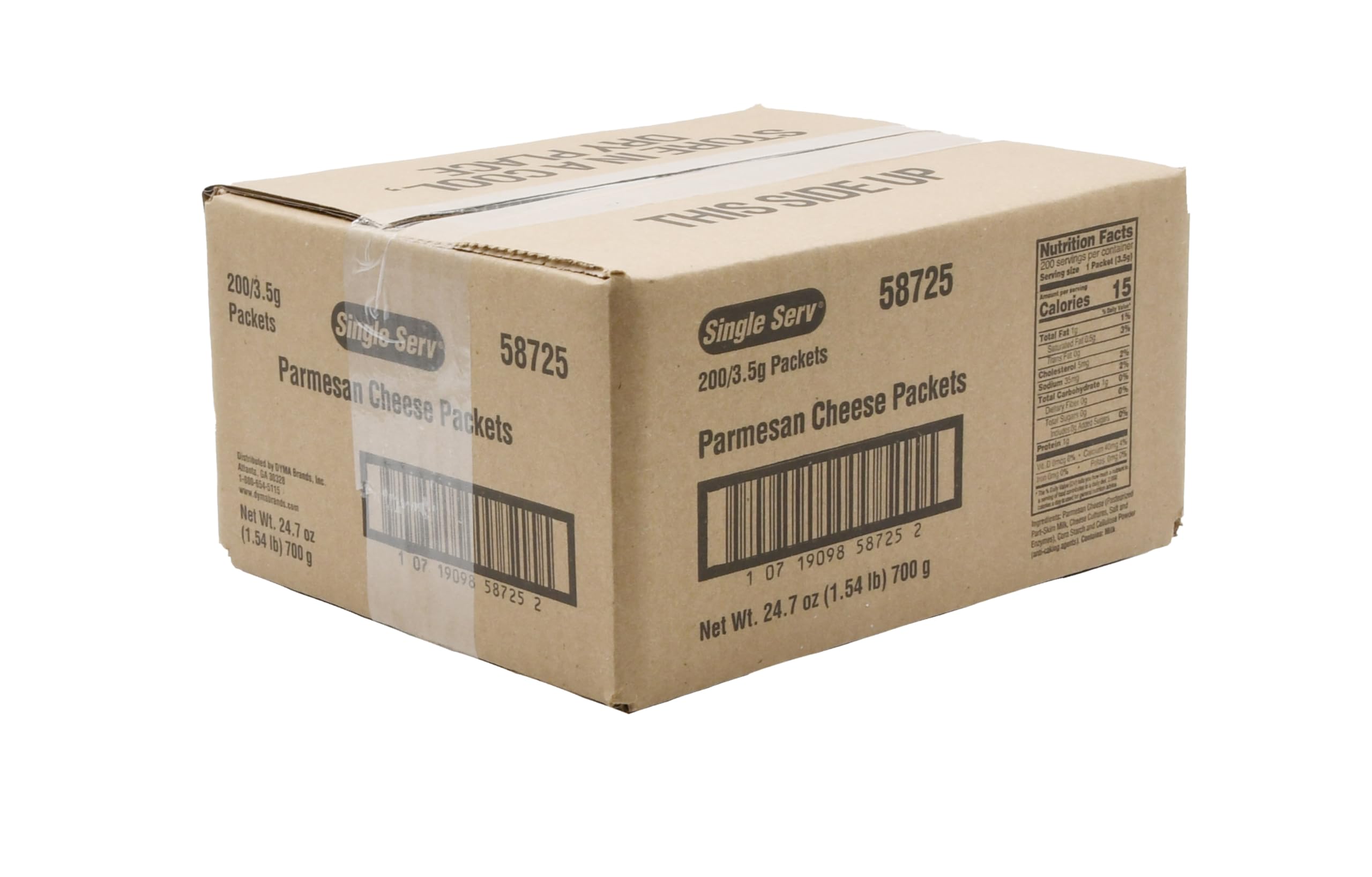 Single Serv bulk box opened to show many individually-sealed Parmesan packets