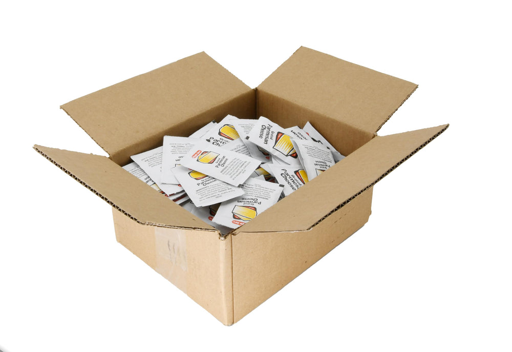 Single Serv packets arranged at a restaurant condiment station for hygiene